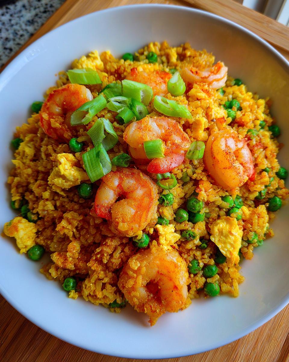 Close-up of a white bowl filled with vibrant shrimp fried rice recipe, topped with large shrimp, scrambled egg, and green onions.