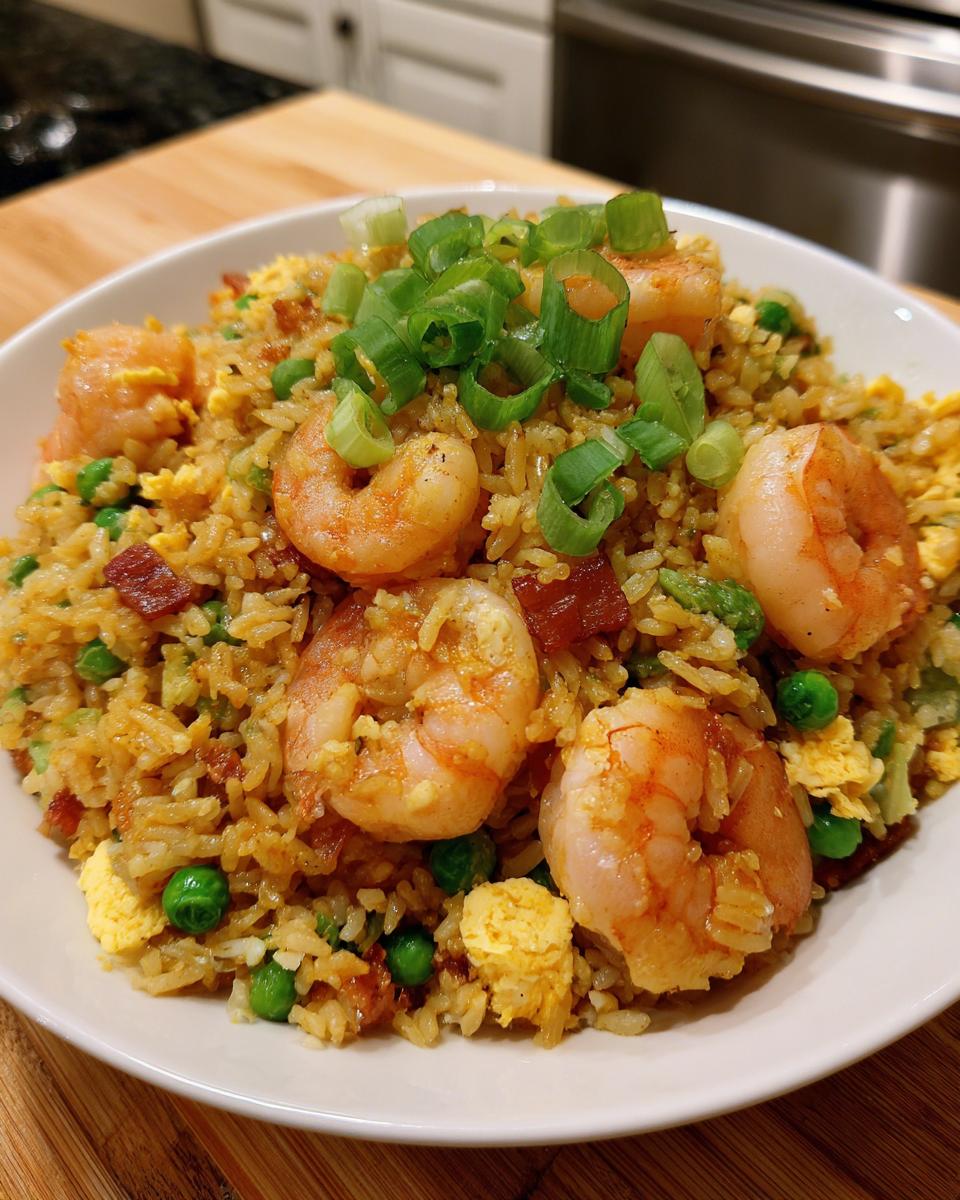 A close-up of a white bowl filled with flavorful shrimp fried rice recipe, topped with large shrimp and scallions.