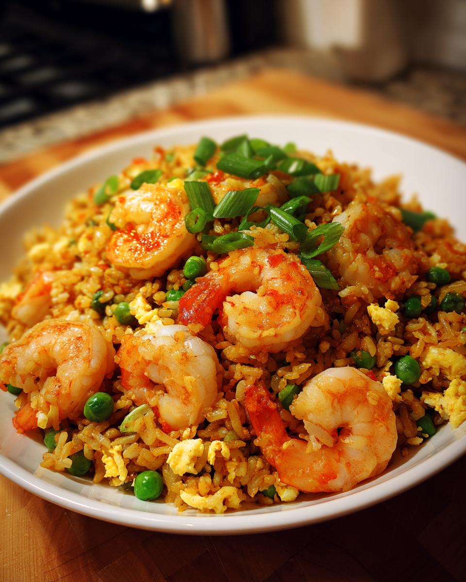 Close-up of a vibrant bowl of shrimp fried rice recipe, featuring large shrimp, peas, scrambled egg, and green onion garnish.