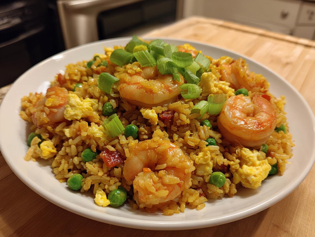 A close-up of a delicious shrimp fried rice recipe served on a white plate, topped with scallions.