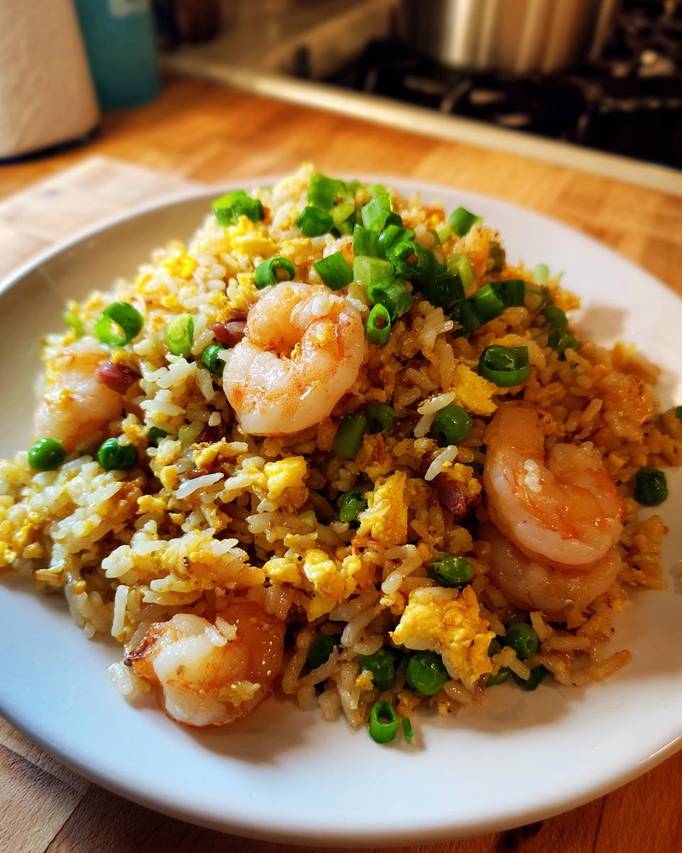 A close-up of a generous serving of shrimp fried rice recipe, topped with large shrimp and green onions.