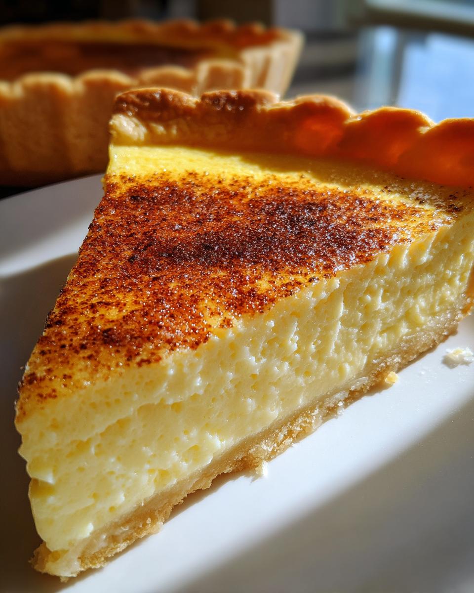 A close-up slice of silky custard pie showing the creamy filling and a beautifully browned, spiced top.