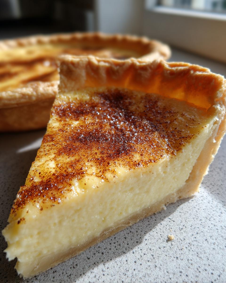 Close-up of a slice of silky custard pie showing the creamy filling and a browned, spiced top crust.