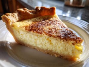A close-up slice of silky 1-bowl custard pie showing the creamy yellow filling and a lightly browned, cinnamon-dusted top.