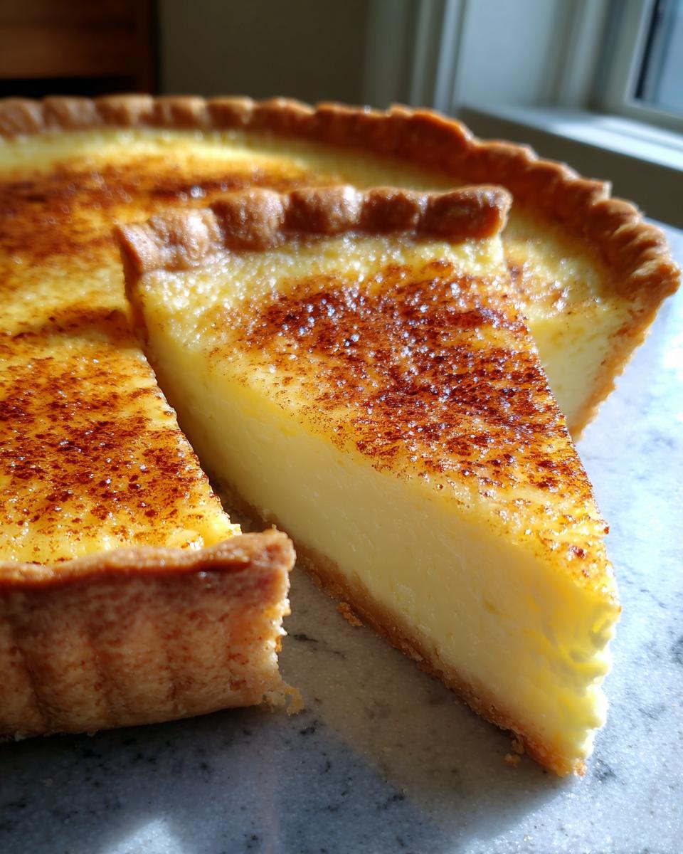 A close-up of a slice of silky custard pie with a golden, cinnamon-dusted top, resting next to the rest of the pie.