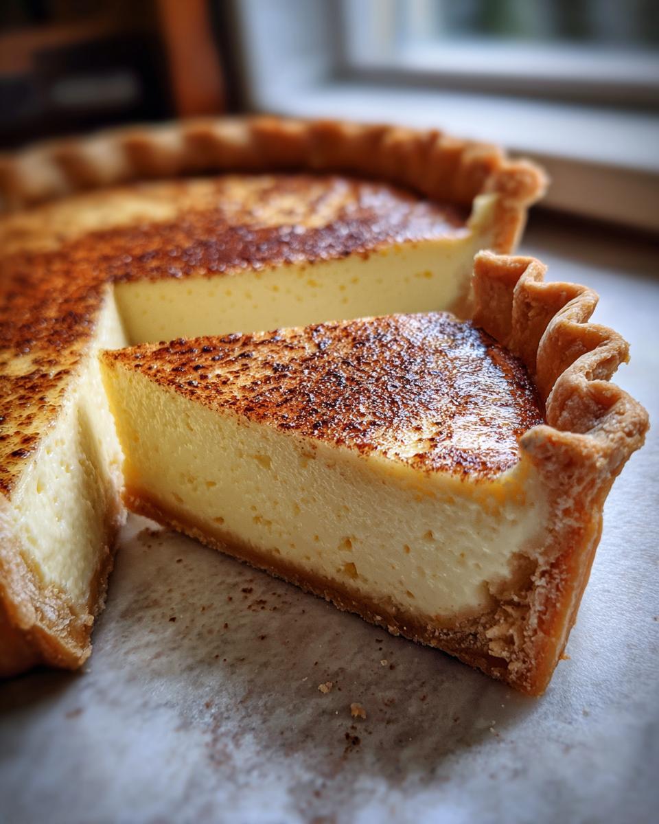 A close-up of a slice of silky custard pie with a deeply browned, spiced top crust.