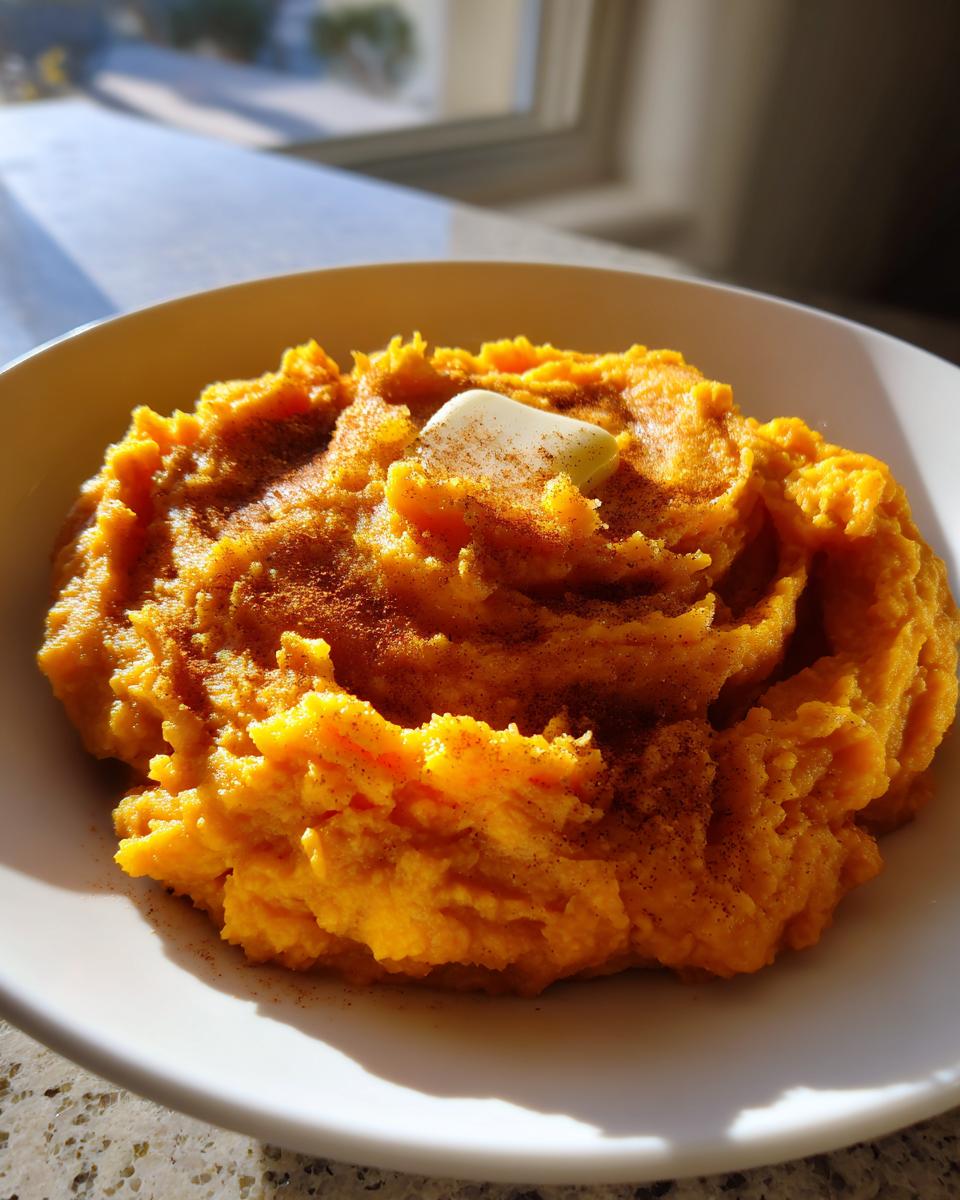 A close-up of silky mashed sweet potatoes topped with melting butter and a sprinkle of cinnamon.