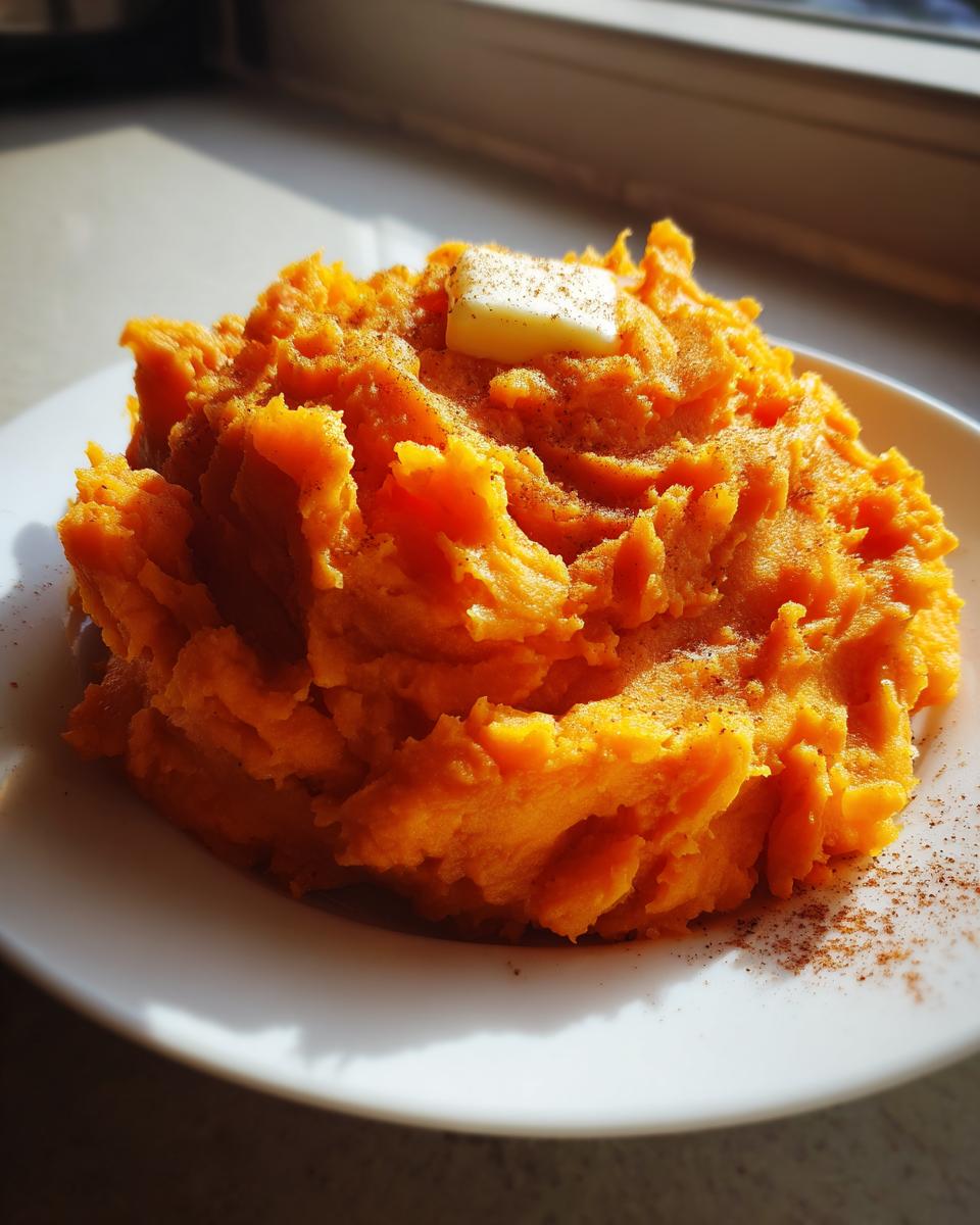 A mound of bright orange, silky mashed sweet potatoes topped with a pat of melting butter and cinnamon.
