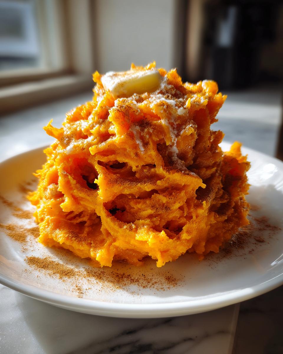 A mound of fluffy mashed sweet potatoes topped with melting butter and sprinkled with cinnamon on a white plate.