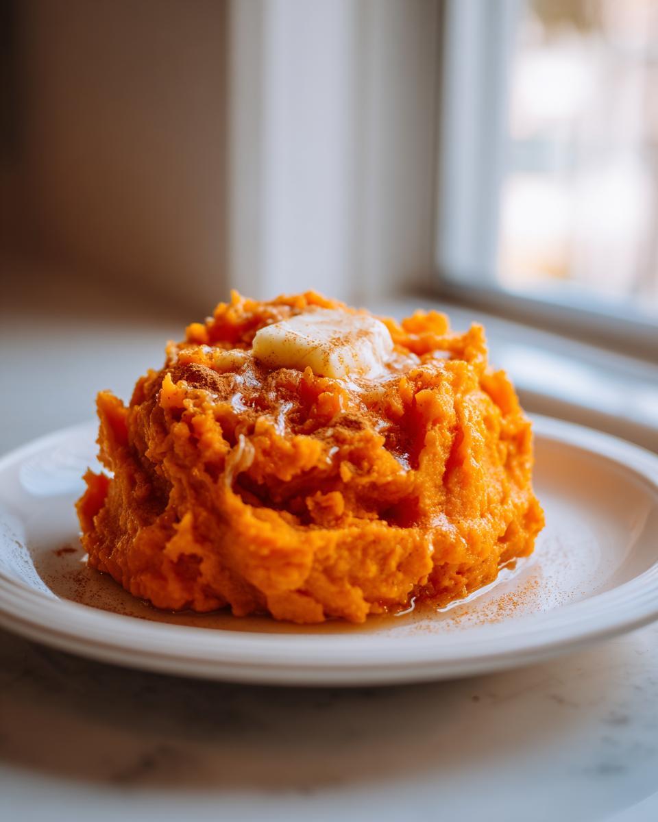 A mound of bright orange, silky mashed sweet potatoes topped with melting butter and cinnamon.