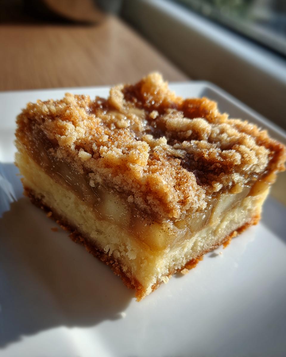A single square of moist apple pie bars with a thick, gooey apple filling and crumb topping.