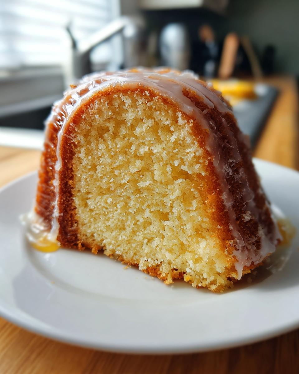 Close-up of a moist slice of Bacardi rum cake on a white plate, drizzled with white rum glaze.