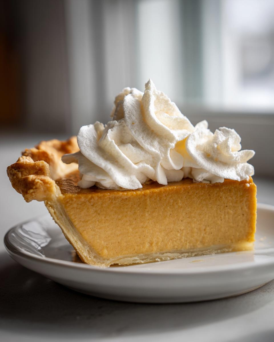 A close-up of a thick slice of orange-hued butterscotch pie topped with a generous swirl of whipped cream.