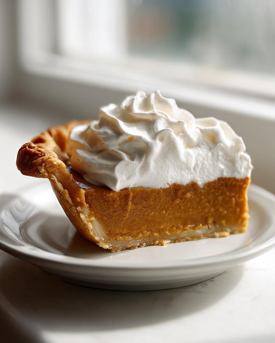 A slice of rich, orange-colored butterscotch pie topped generously with white whipped cream, served on a white plate.