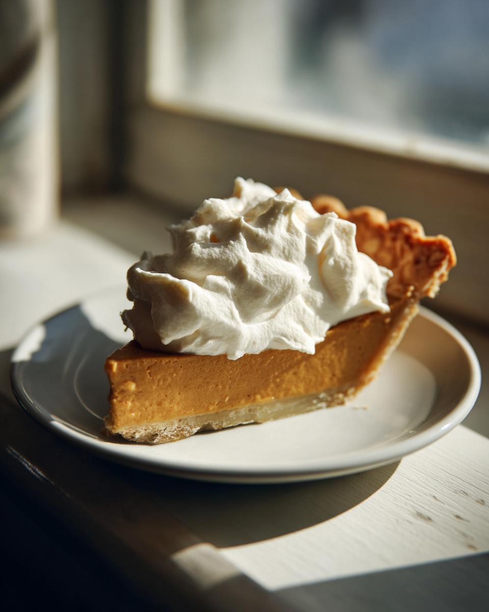 A slice of rich, orange butterscotch pie topped high with whipped cream, sitting on a white plate near a window.
