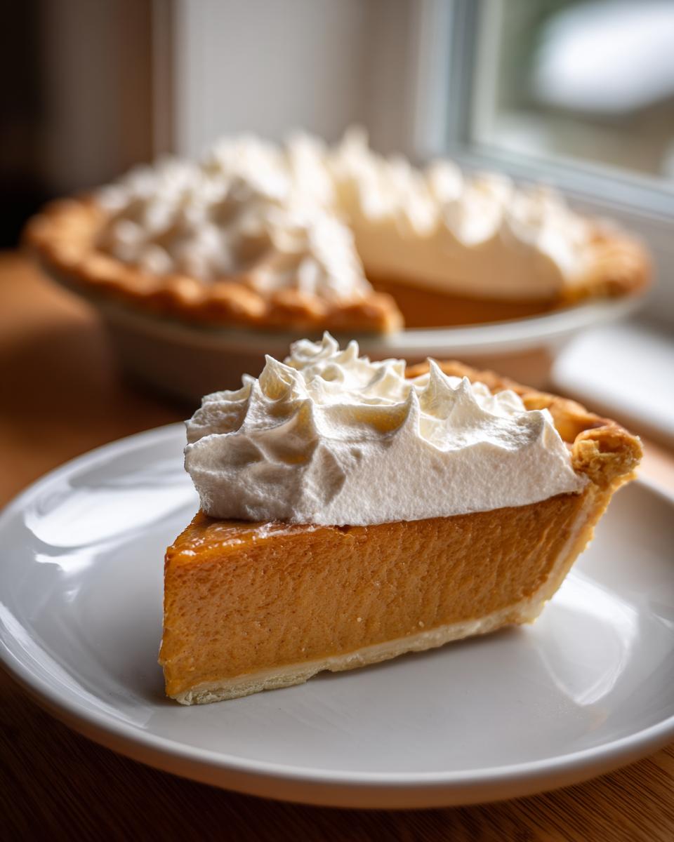 A close-up slice of rich, orange butterscotch pie topped with fluffy whipped cream on a white plate.