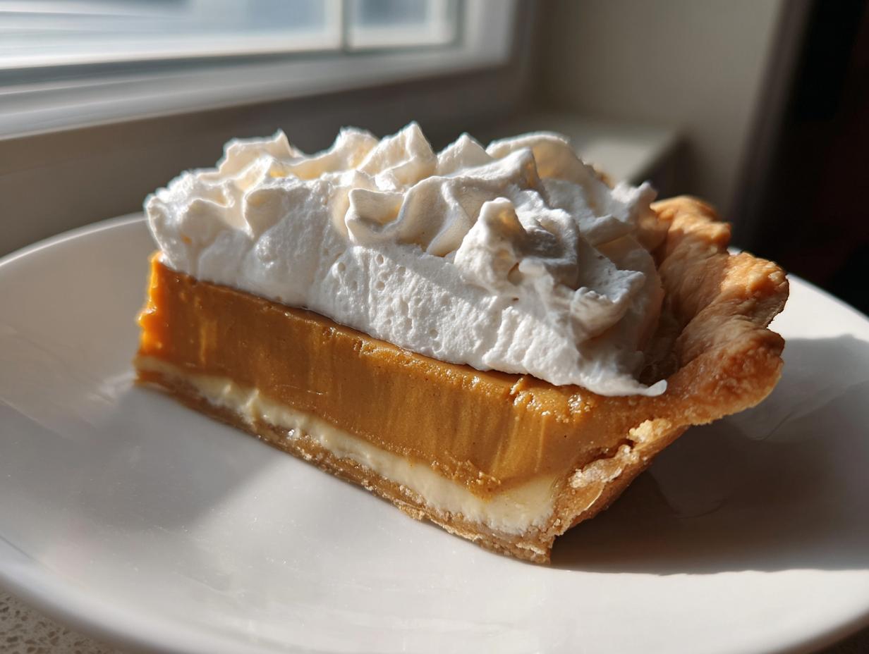 A thick slice of rich, orange butterscotch pie topped high with fluffy whipped cream on a white plate.