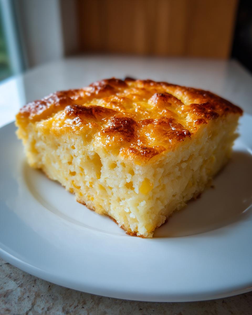 A square slice of golden, cheesy cornbread casserole with a bubbly, browned top, served on a white plate.