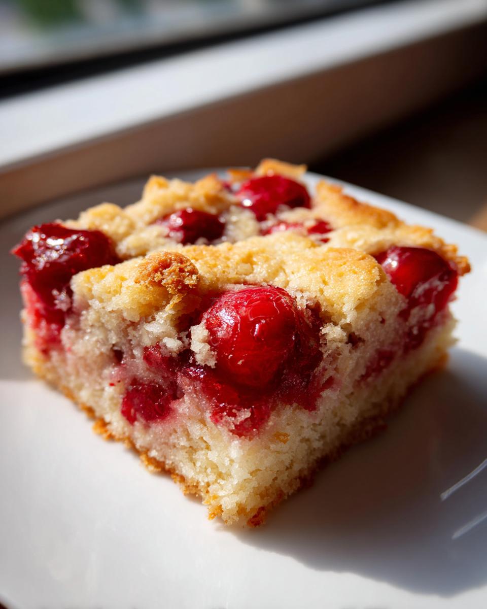 Close-up of a square slice of moist cherry dump cake with bright red cherries and a crumbly topping.