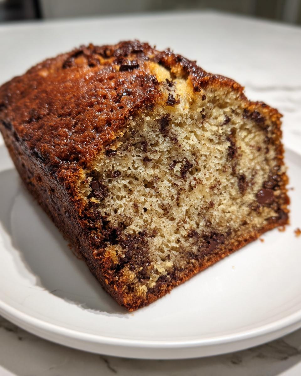 Close-up of a moist slice of chocolate chip banana bread showing the dense crumb and melted chocolate chips.