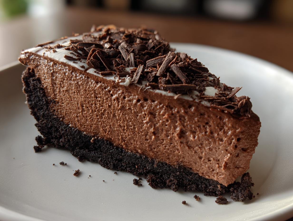 A decadent slice of chocolate mousse pie featuring a thick, airy filling and dark cookie crust, topped with chocolate shavings.