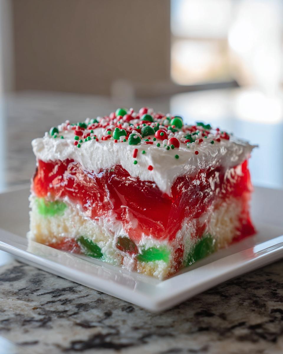 A festive slice of christmas poke cake showing layers of white cake, red and green gelatin, whipped topping, and holiday sprinkles.