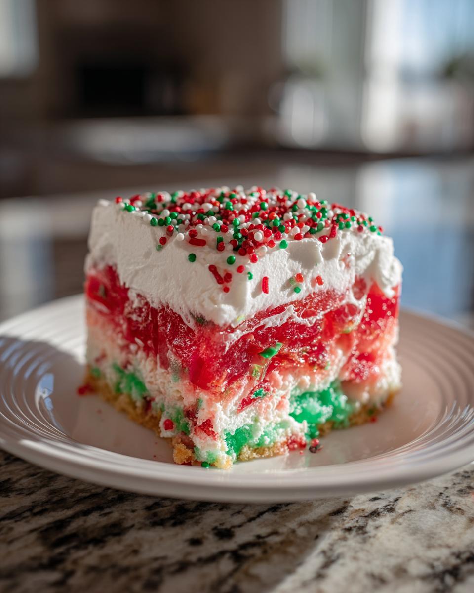 A layered slice of christmas poke cake featuring red and green gelatin, white topping, and holiday sprinkles.