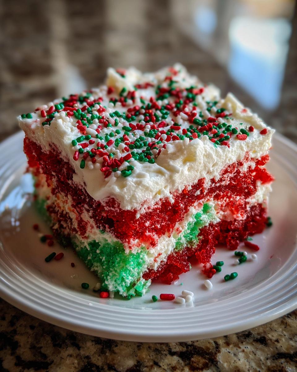 A square slice of vibrant red and green christmas poke cake topped with white frosting and holiday sprinkles.