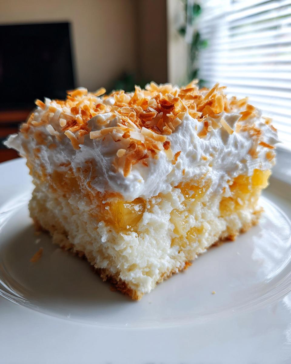 A moist slice of coconut poke cake topped with whipped cream and toasted coconut flakes.