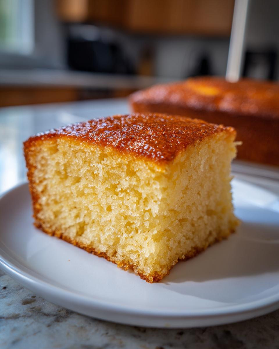 Close-up of a square slice of moist condensed milk cake with a golden, slightly glazed top.