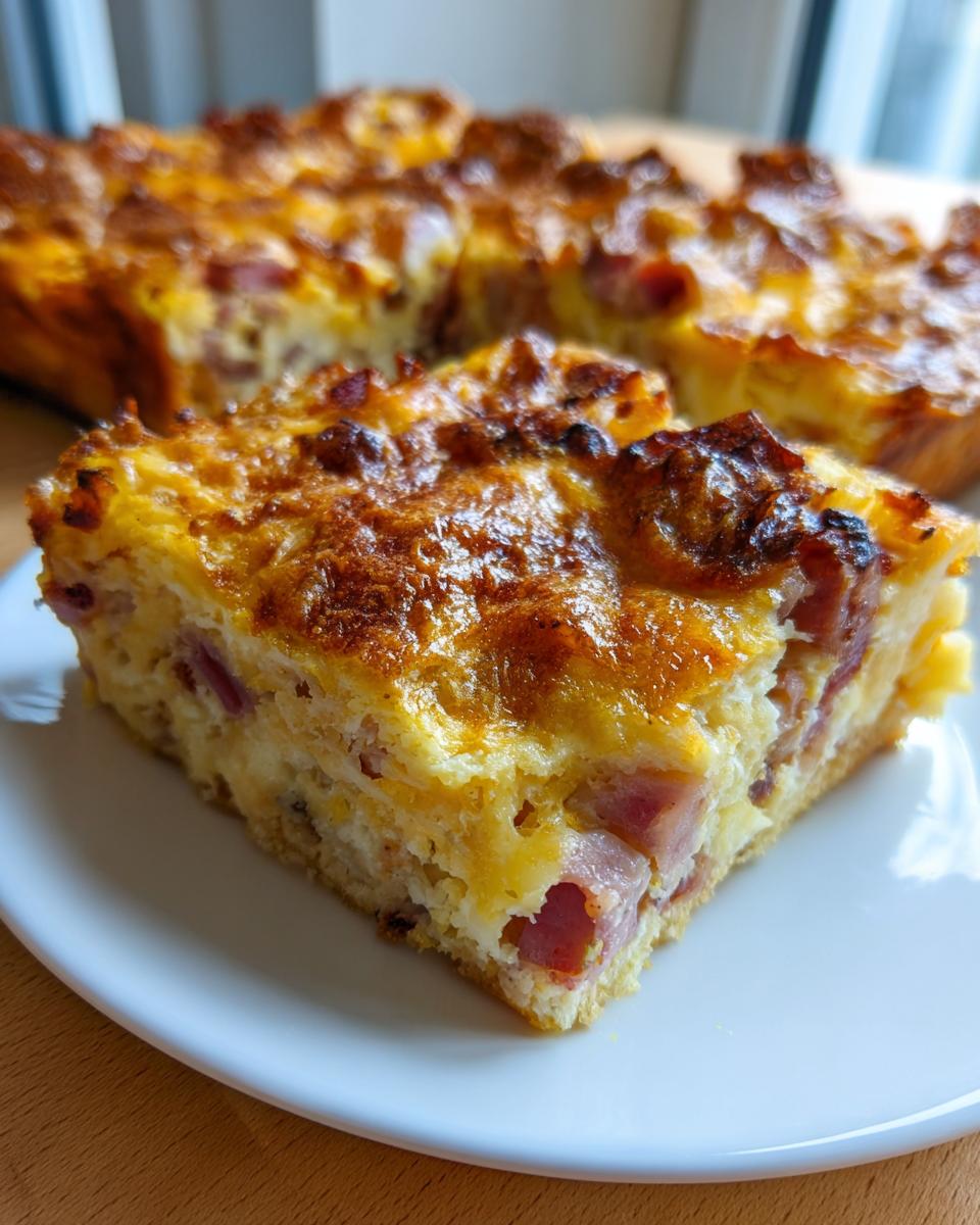 A close-up slice of golden-brown Croissant Breakfast Casserole served on a white plate, showing eggs, cheese, and ham chunks.