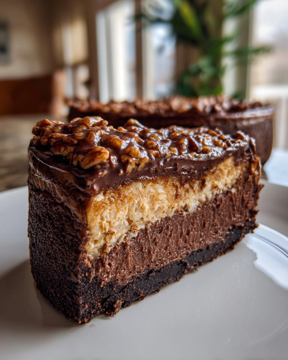 Close-up of a multi-layered slice of german chocolate cheesecake with pecan topping.
