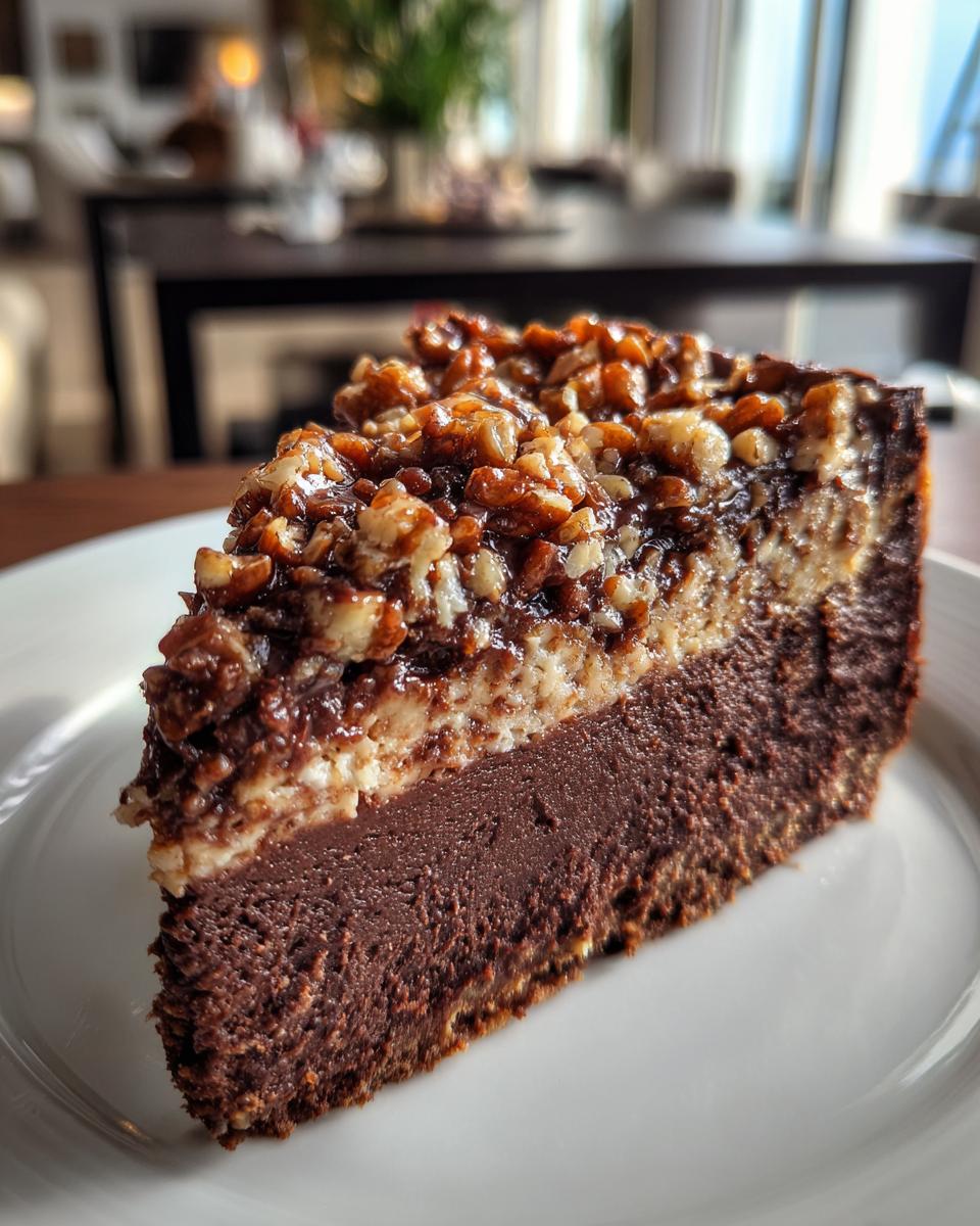 A decadent slice of german chocolate cheesecake showing a dark chocolate base, creamy layer, and pecan topping.