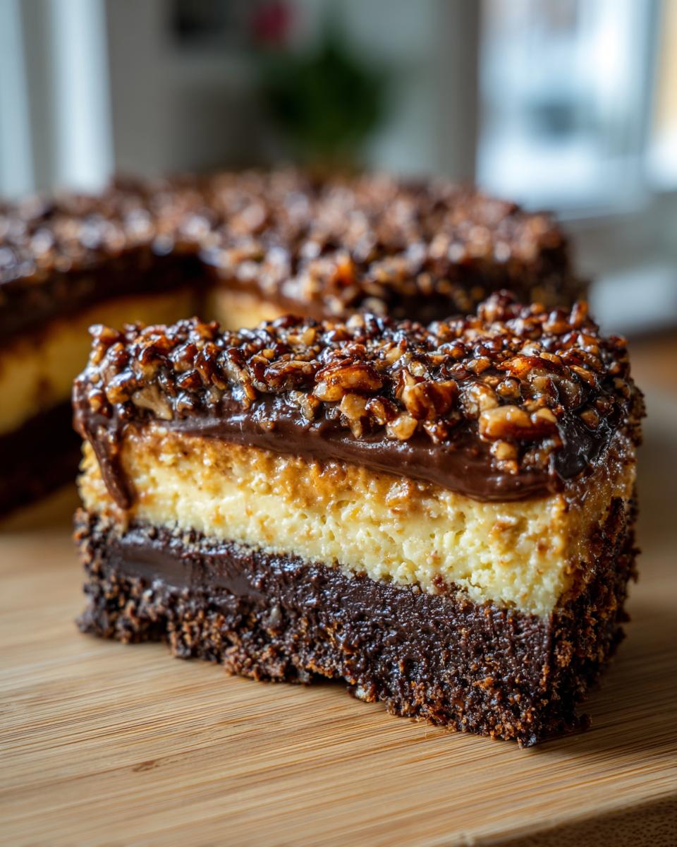 Close-up of a slice of german chocolate cheesecake showing layers: dark chocolate crust, cheesecake filling, and pecan topping.
