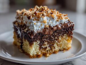 A close-up of a rich slice of german chocolate poke cake showing the soaked yellow cake, chocolate filling, and whipped topping with nuts.