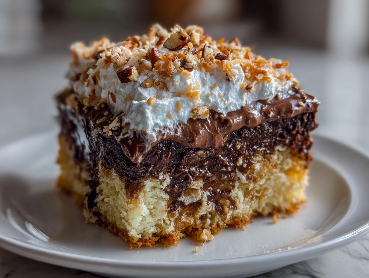 A close-up of a rich slice of german chocolate poke cake showing the soaked yellow cake, chocolate filling, and whipped topping with nuts.