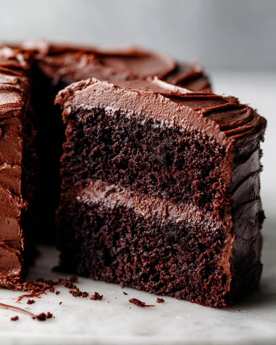 Close-up of a thick slice of homemade chocolate cake showing two dark, moist layers and rich chocolate frosting.