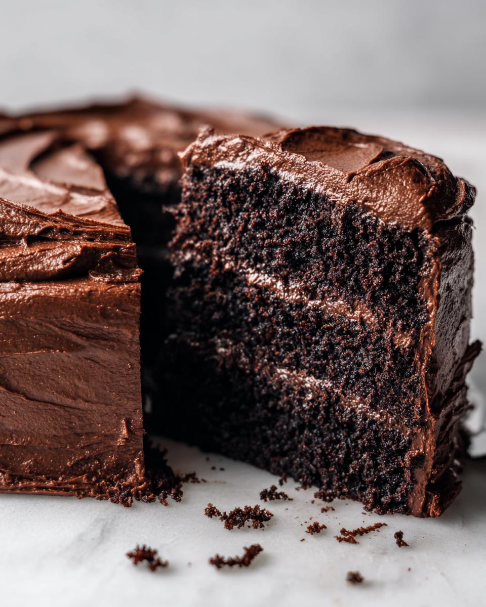 Close-up of a rich, dark slice cut from a homemade chocolate cake, showing moist crumb and thick chocolate frosting.