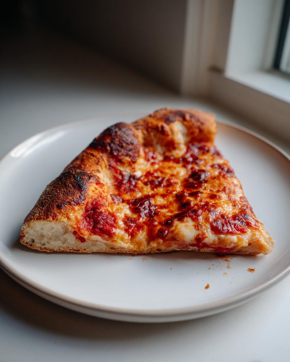 A single slice of homemade pizza featuring a bubbly, charred crust and melted cheese on a light plate.