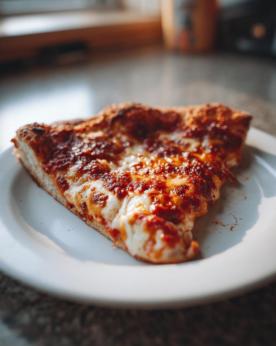 A close-up shot of a single slice of homemade pizza with melted, bubbling cheese and rich tomato sauce on a white plate.