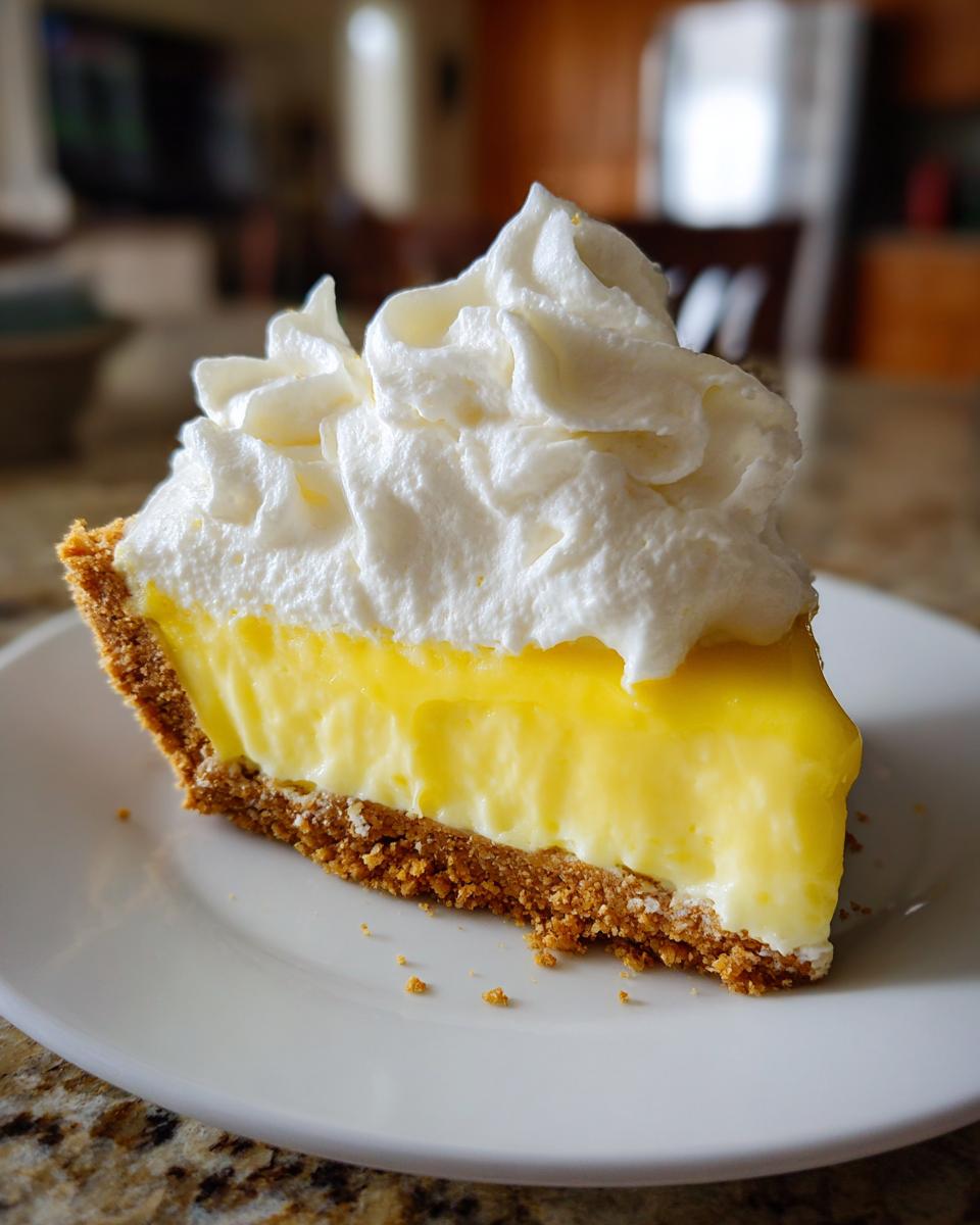 A perfect slice of bright yellow lemon pie with a graham cracker crust, topped high with fluffy white whipped cream.