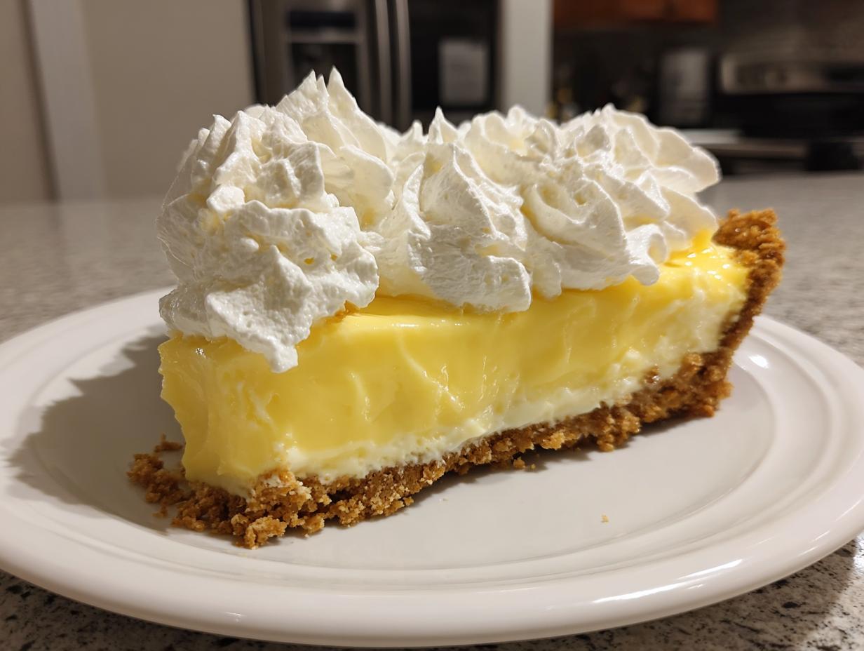 A thick slice of bright yellow lemon pie with a graham cracker crust, topped generously with whipped cream.