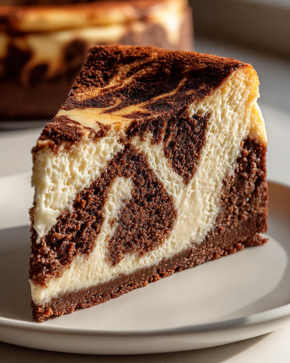 Close-up of a rich slice of marbled snickerdoodle cheesecake showing chocolate and cream cheese swirls.