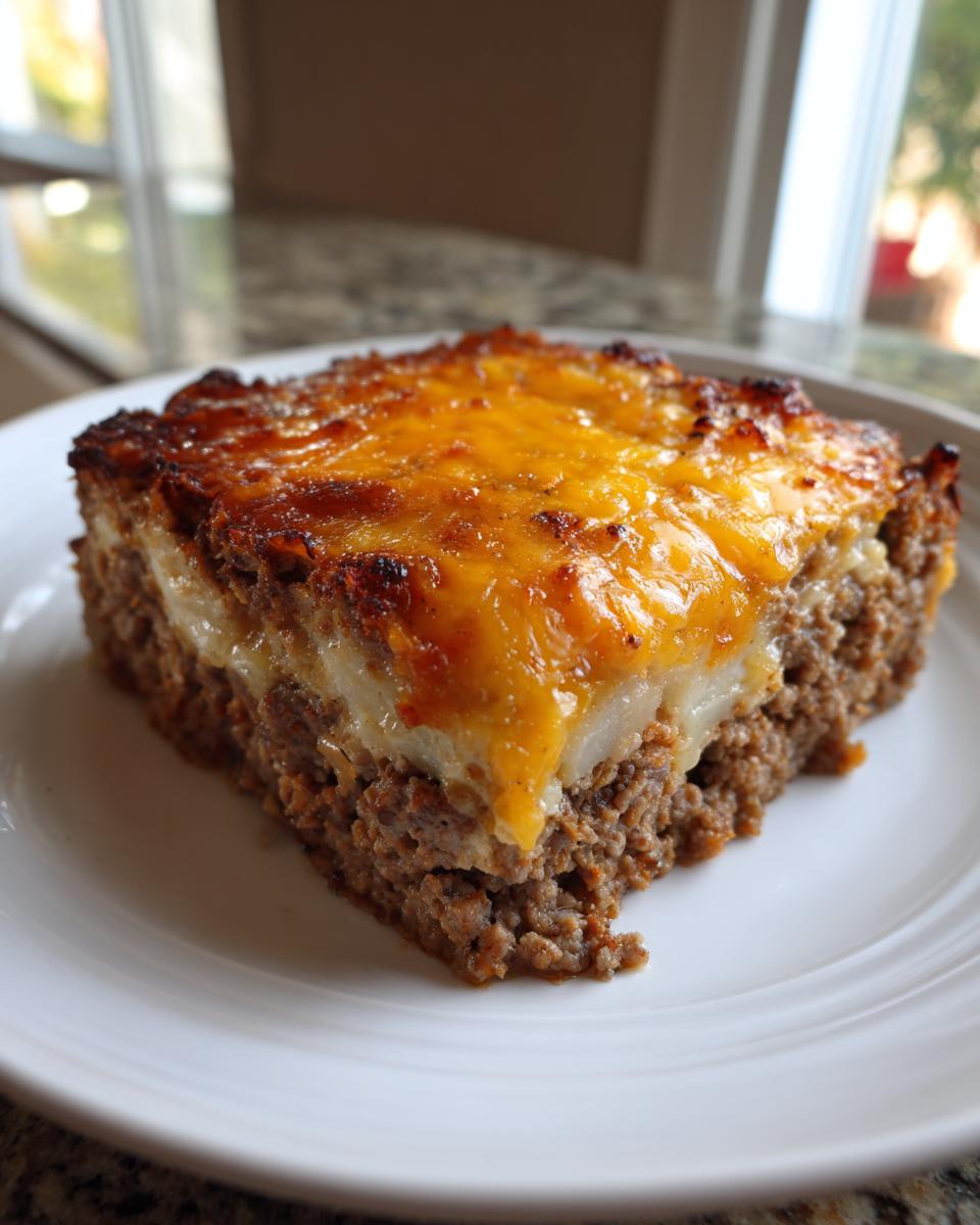 A square slice of rich meatloaf casserole topped with melted cheddar cheese, served on a white plate.