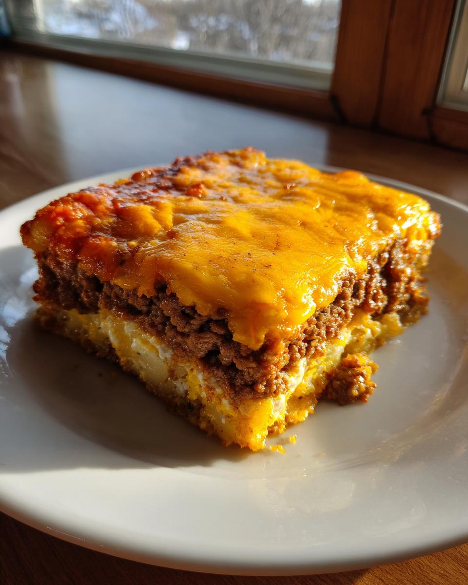 A square slice of cheesy meatloaf casserole with a ground meat layer and a creamy base, served on a white plate.