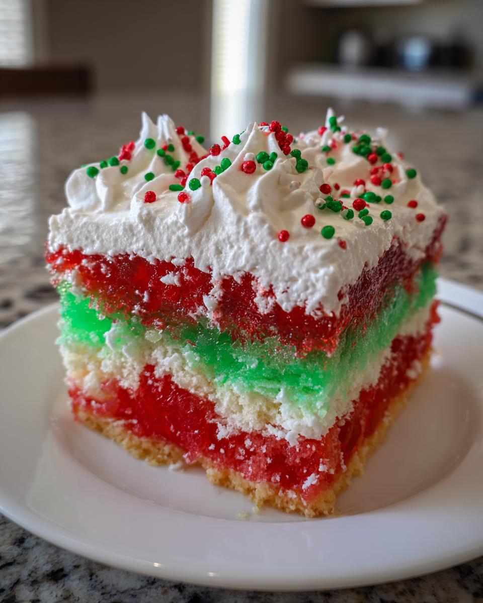A colorful slice of christmas poke cake featuring red and green gelatin layers, topped with whipped cream and sprinkles.