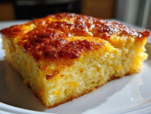 Close-up of a golden-brown slice of moist cornbread casserole with a shiny, caramelized top.