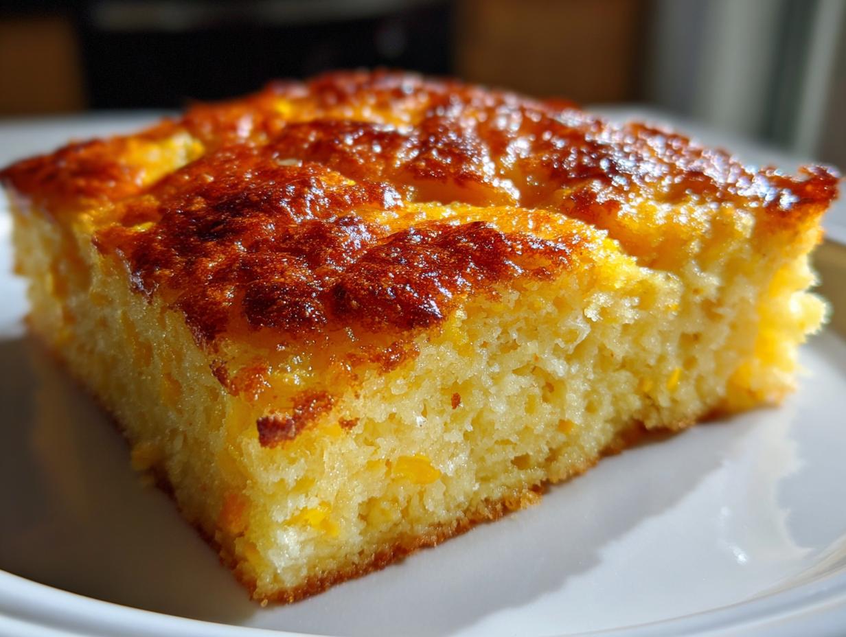 Close-up of a golden-brown slice of moist cornbread casserole with a shiny, caramelized top.