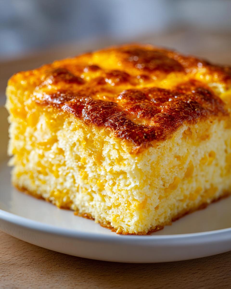 Close-up of a square slice of moist cornbread casserole with a deeply browned, slightly bubbly top crust.