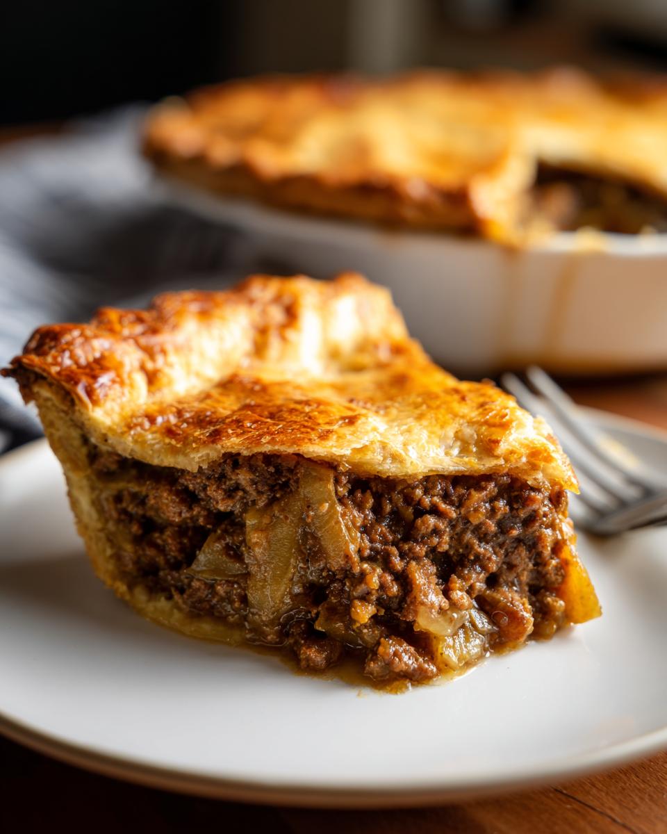 Close-up of a thick slice of meat pie showing rich ground beef filling and flaky golden crust.